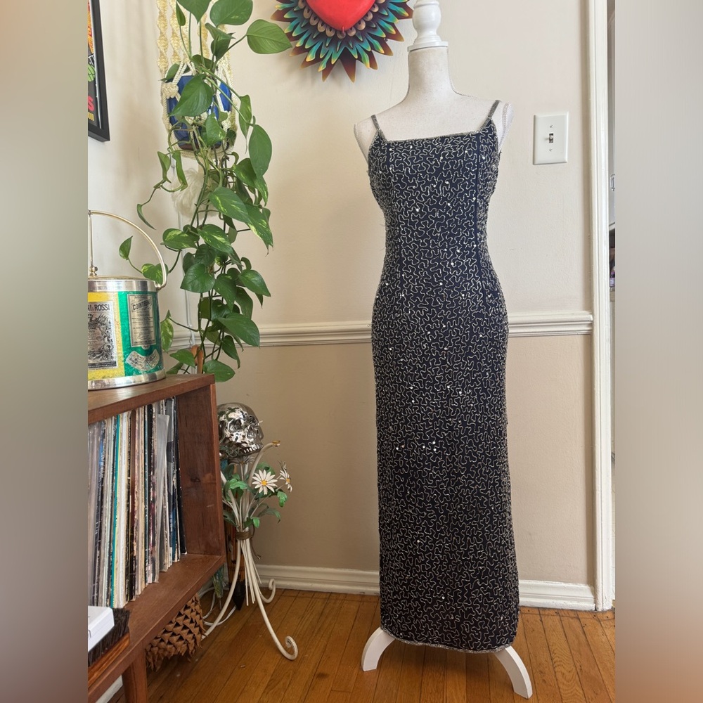 90s Vintage Lawrence Kazar Floor Length Beaded Gown